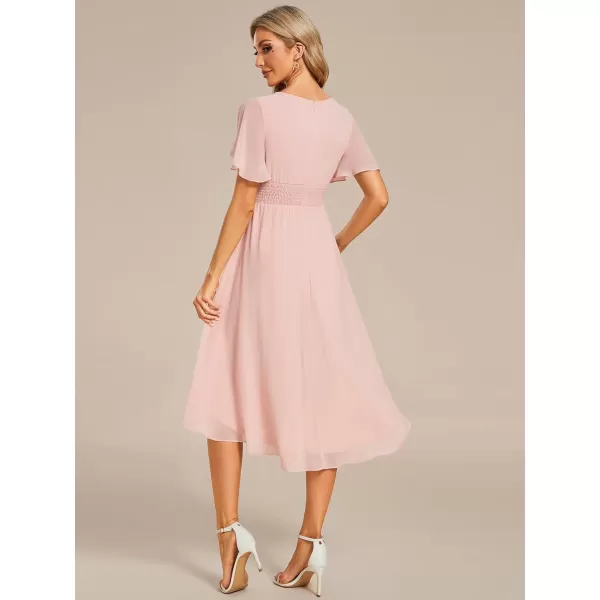 imageEverPretty Womens Crew Neck Pleated Waist Short Sleeve Wedding Guest Dress Chiffon Bridesmaid Dresses 02053Pink