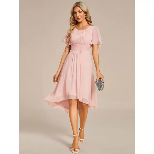 imageEverPretty Womens Crew Neck Pleated Waist Short Sleeve Wedding Guest Dress Chiffon Bridesmaid Dresses 02053Pink