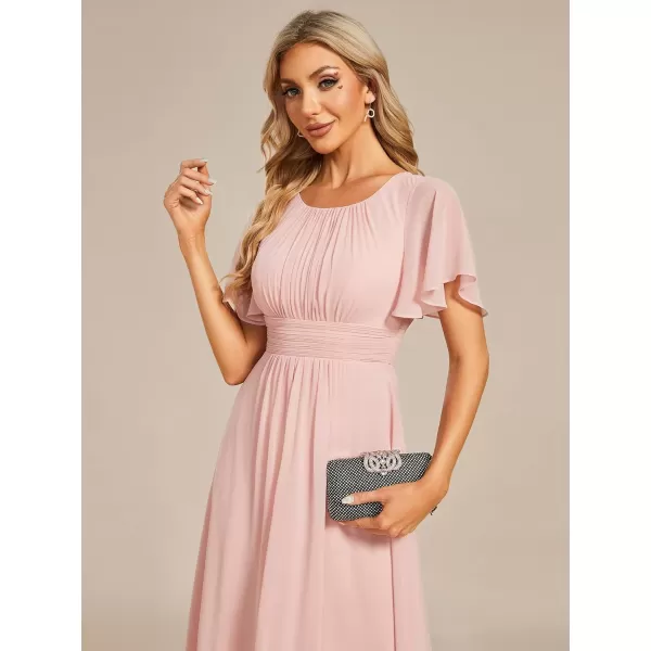 imageEverPretty Womens Crew Neck Pleated Waist Short Sleeve Wedding Guest Dress Chiffon Bridesmaid Dresses 02053Pink