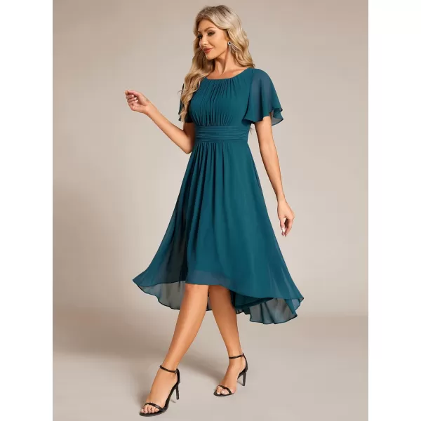 imageEverPretty Womens Crew Neck Pleated Waist Short Sleeve Wedding Guest Dress Chiffon Bridesmaid Dresses 02053Teal