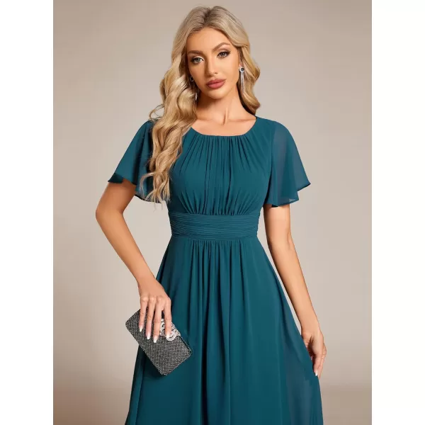 imageEverPretty Womens Crew Neck Pleated Waist Short Sleeve Wedding Guest Dress Chiffon Bridesmaid Dresses 02053Teal