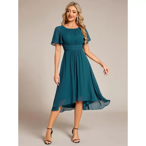 imageEverPretty Womens Crew Neck Pleated Waist Short Sleeve Wedding Guest Dress Chiffon Bridesmaid Dresses 02053Teal