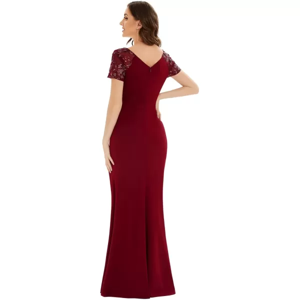 imageEverPretty Womens Deep VNeck Applique Ruffle Sleeves Side Slit Pleated Long Formal Dresses 01669Burgundy