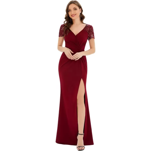 imageEverPretty Womens Deep VNeck Applique Ruffle Sleeves Side Slit Pleated Long Formal Dresses 01669Burgundy