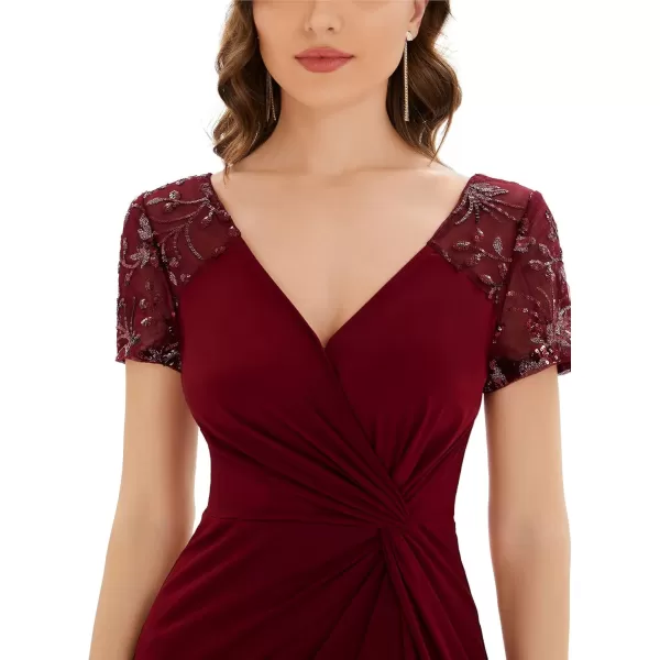 imageEverPretty Womens Deep VNeck Applique Ruffle Sleeves Side Slit Pleated Long Formal Dresses 01669Burgundy