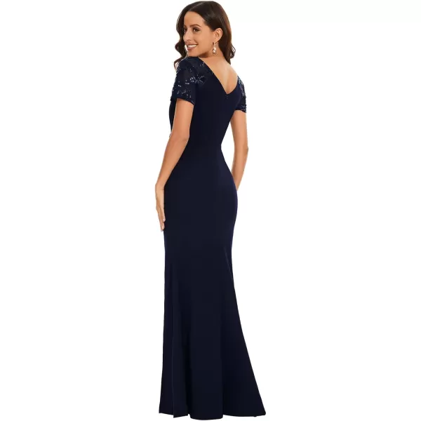 imageEverPretty Womens Deep VNeck Applique Ruffle Sleeves Side Slit Pleated Long Formal Dresses 01669Navy Blue