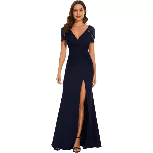 imageEverPretty Womens Deep VNeck Applique Ruffle Sleeves Side Slit Pleated Long Formal Dresses 01669Navy Blue