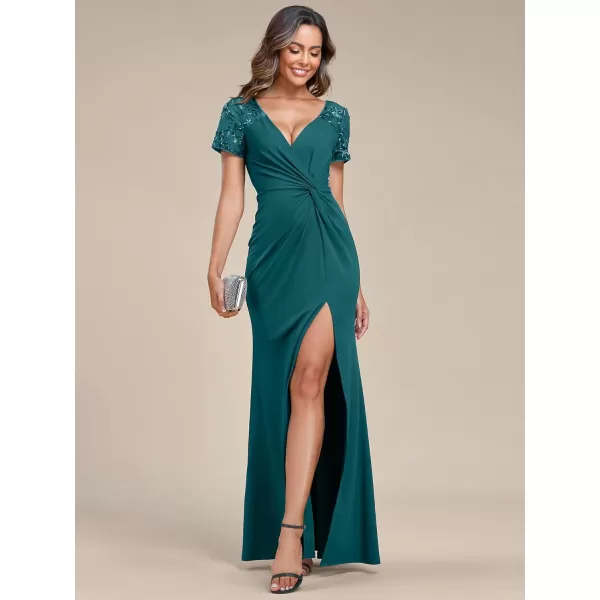 imageEverPretty Womens Deep VNeck Applique Ruffle Sleeves Side Slit Pleated Long Formal Dresses 01669Teal