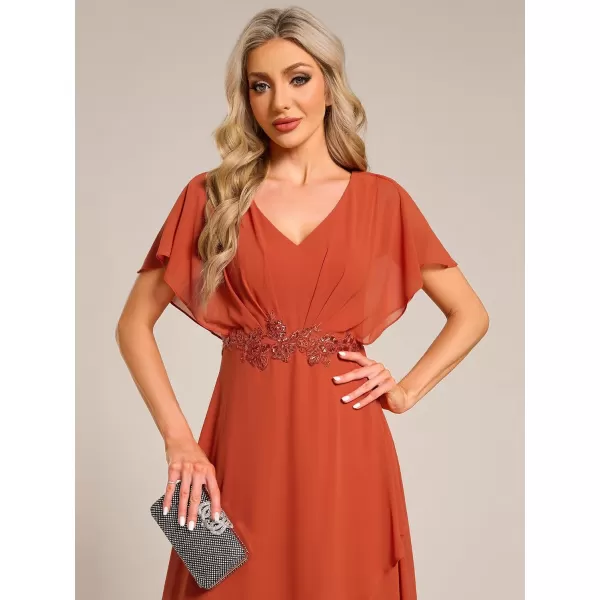 imageEverPretty Womens Formal Dress A Line V Neck Applique Waist Tea Length Wedding Guest Dress 02027Burnt Orange