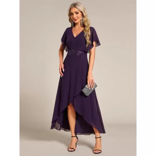 imageEverPretty Womens Formal Dress A Line V Neck Applique Waist Tea Length Wedding Guest Dress 02027Dark Purple