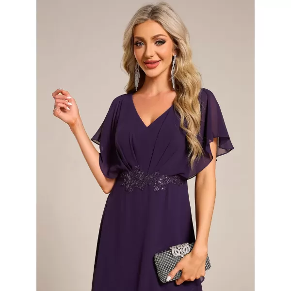 imageEverPretty Womens Formal Dress A Line V Neck Applique Waist Tea Length Wedding Guest Dress 02027Dark Purple