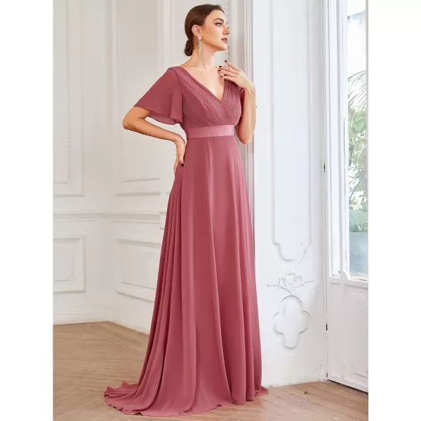 imageEverPretty Womens Formal Dress Short Sleeve VNeck Evening Dress Floor Length Mother of The Bride Dress 09890Cameo Brown