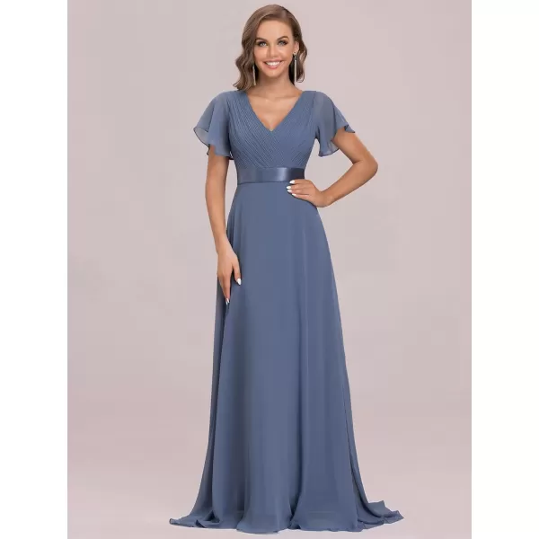 imageEverPretty Womens Formal Dress Short Sleeve VNeck Evening Dress Floor Length Mother of The Bride Dress 09890Dusty Navy