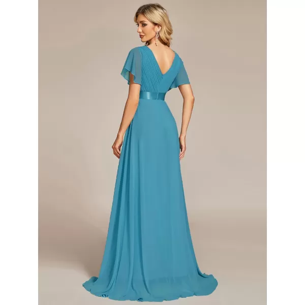 imageEverPretty Womens Formal Dress Short Sleeve VNeck Evening Dress Floor Length Mother of The Bride Dress 09890Jade Blue