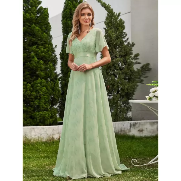 imageEverPretty Womens Formal Dress Short Sleeve VNeck Evening Dress Floor Length Mother of The Bride Dress 09890Light Green Roses