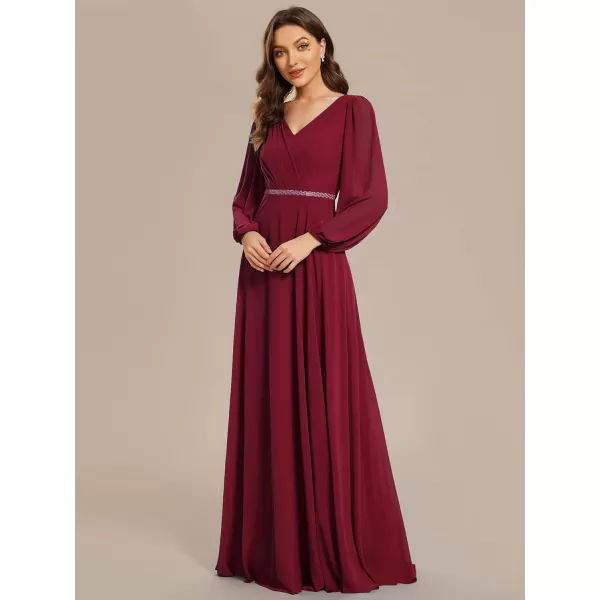 imageEverPretty Womens Formal Dresses Long Sleeve V Neck Empire Waist A Line Beading Maxi Wedding Guest Dress 01981Burgundy