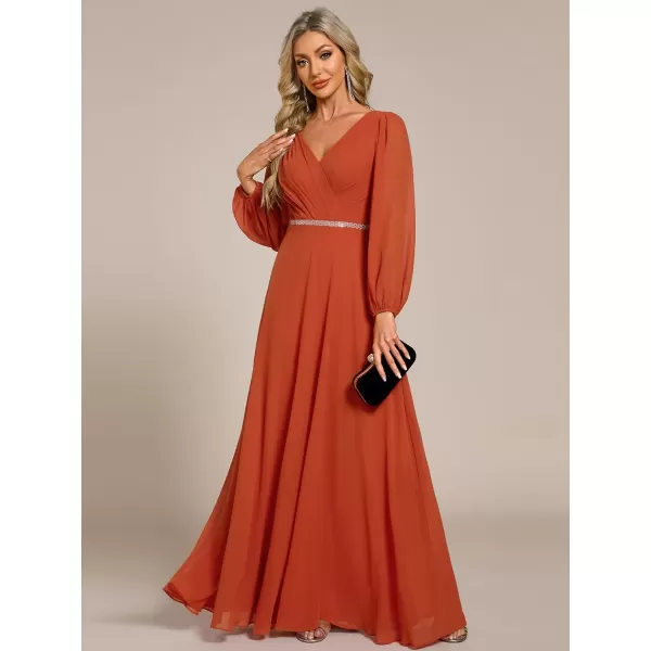 imageEverPretty Womens Formal Dresses Long Sleeve V Neck Empire Waist A Line Beading Maxi Wedding Guest Dress 01981Burnt Orange