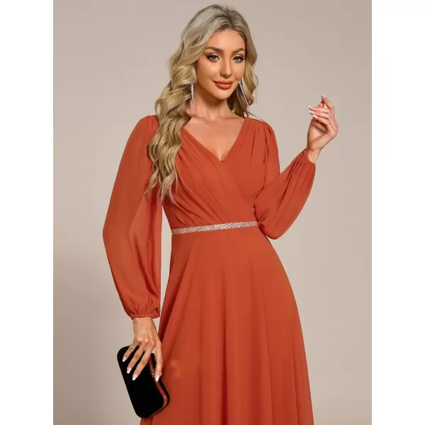 imageEverPretty Womens Formal Dresses Long Sleeve V Neck Empire Waist A Line Beading Maxi Wedding Guest Dress 01981Burnt Orange