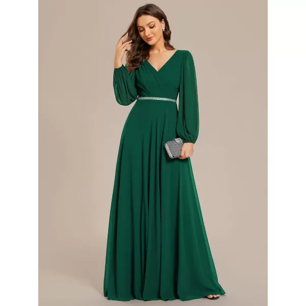 imageEverPretty Womens Formal Dresses Long Sleeve V Neck Empire Waist A Line Beading Maxi Wedding Guest Dress 01981Dark Green