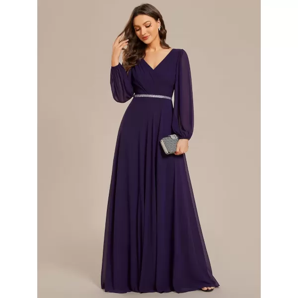 imageEverPretty Womens Formal Dresses Long Sleeve V Neck Empire Waist A Line Beading Maxi Wedding Guest Dress 01981Deep Purple