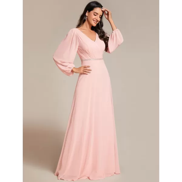 imageEverPretty Womens Formal Dresses Long Sleeve V Neck Empire Waist A Line Beading Maxi Wedding Guest Dress 01981Pink