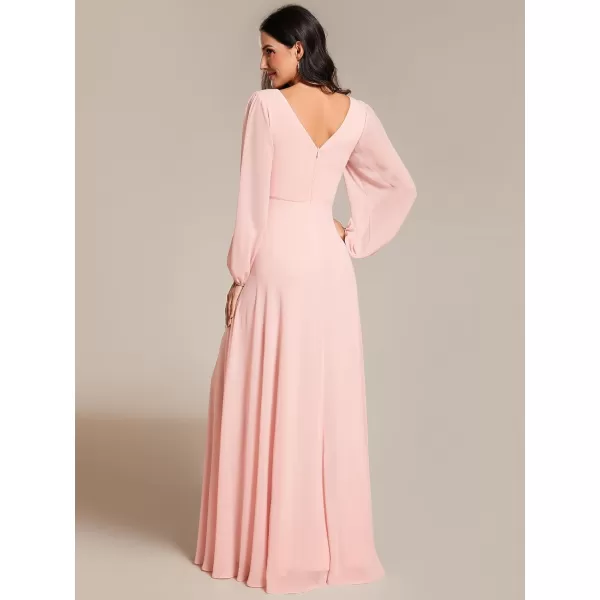 imageEverPretty Womens Formal Dresses Long Sleeve V Neck Empire Waist A Line Beading Maxi Wedding Guest Dress 01981Pink