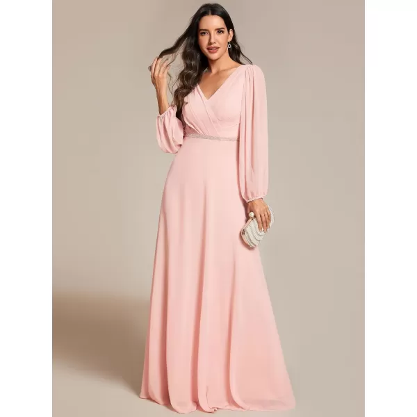 imageEverPretty Womens Formal Dresses Long Sleeve V Neck Empire Waist A Line Beading Maxi Wedding Guest Dress 01981Pink