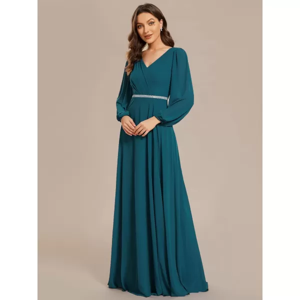 imageEverPretty Womens Formal Dresses Long Sleeve V Neck Empire Waist A Line Beading Maxi Wedding Guest Dress 01981Teal