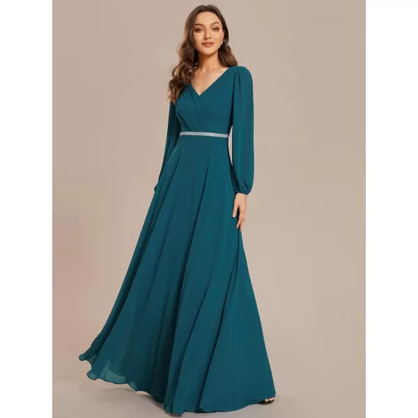 imageEverPretty Womens Formal Dresses Long Sleeve V Neck Empire Waist A Line Beading Maxi Wedding Guest Dress 01981Teal