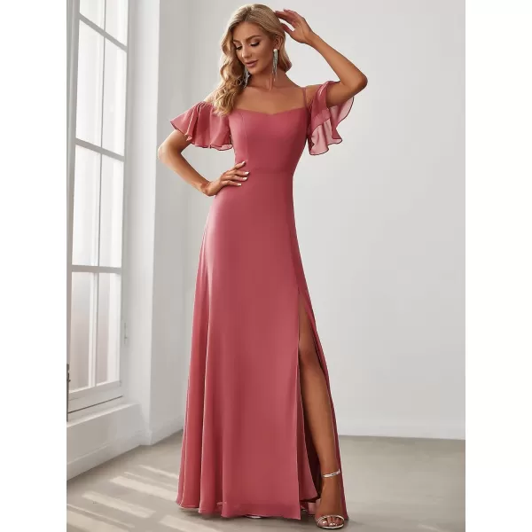 imageEverPretty Womens Formal Dresses Off Shoulder Short Sleeve Split ALine Floor Length Bridesmaid Dresses 0237Cameo Brown