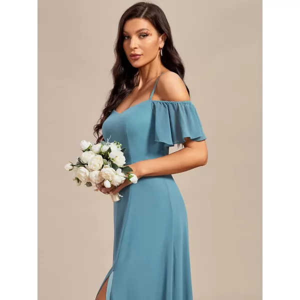 imageEverPretty Womens Formal Dresses Off Shoulder Short Sleeve Split ALine Floor Length Bridesmaid Dresses 0237Demin Blue