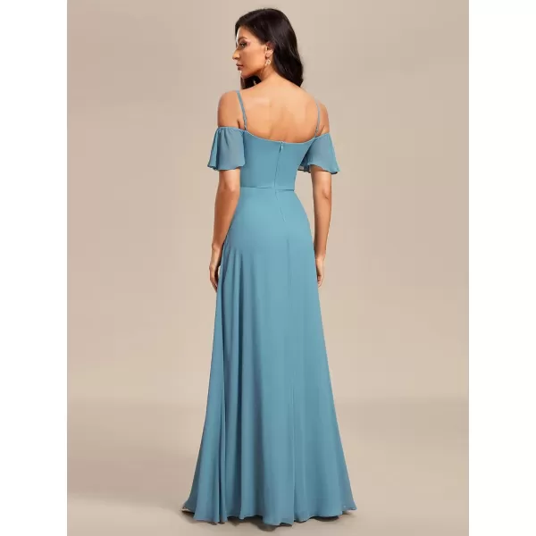 imageEverPretty Womens Formal Dresses Off Shoulder Short Sleeve Split ALine Floor Length Bridesmaid Dresses 0237Demin Blue