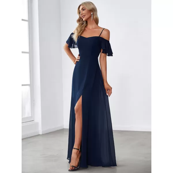 imageEverPretty Womens Formal Dresses Off Shoulder Short Sleeve Split ALine Floor Length Bridesmaid Dresses 0237Navy Blue