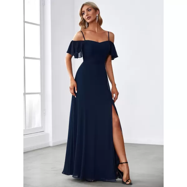 imageEverPretty Womens Formal Dresses Off Shoulder Short Sleeve Split ALine Floor Length Bridesmaid Dresses 0237Navy Blue