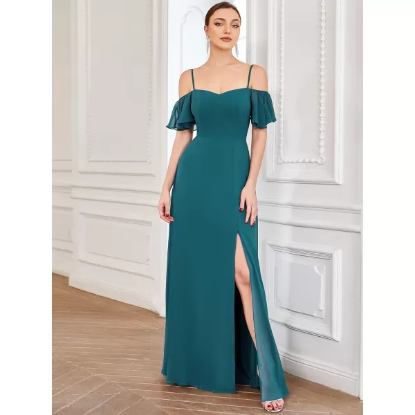 imageEverPretty Womens Formal Dresses Off Shoulder Short Sleeve Split ALine Floor Length Bridesmaid Dresses 0237Teal