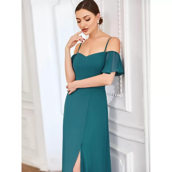 imageEverPretty Womens Formal Dresses Off Shoulder Short Sleeve Split ALine Floor Length Bridesmaid Dresses 0237Teal