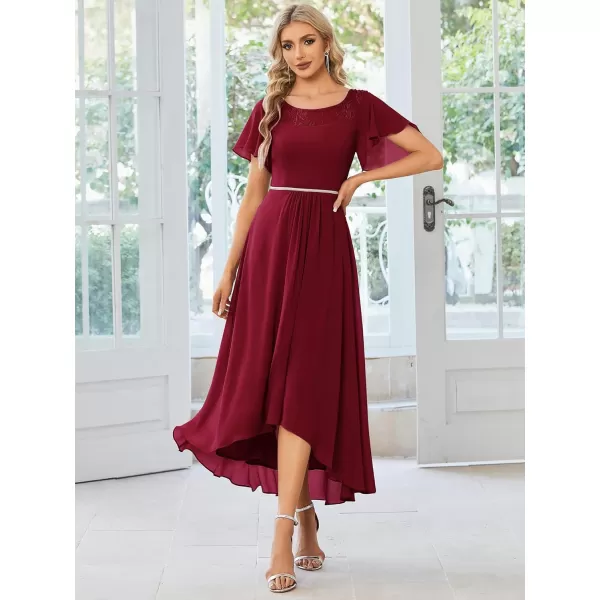 imageEverPretty Womens Ruffles Sleeve Bridesmaid Dress High Low Beaded Chiffon Midi Mother of The Bride Dresses 00465Burgundy