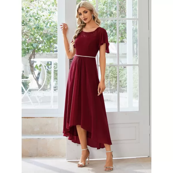 imageEverPretty Womens Ruffles Sleeve Bridesmaid Dress High Low Beaded Chiffon Midi Mother of The Bride Dresses 00465Burgundy