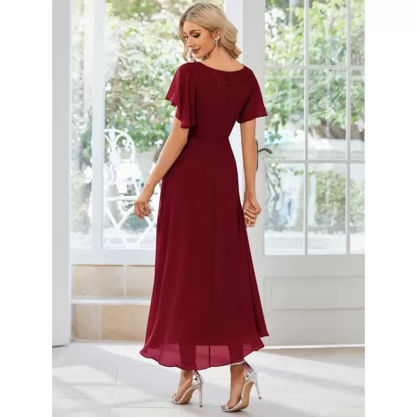 imageEverPretty Womens Ruffles Sleeve Bridesmaid Dress High Low Beaded Chiffon Midi Mother of The Bride Dresses 00465Burgundy