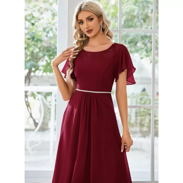 imageEverPretty Womens Ruffles Sleeve Bridesmaid Dress High Low Beaded Chiffon Midi Mother of The Bride Dresses 00465Burgundy