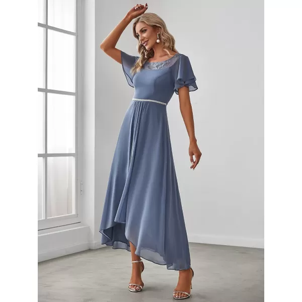 imageEverPretty Womens Ruffles Sleeve Bridesmaid Dress High Low Beaded Chiffon Midi Mother of The Bride Dresses 00465Dusty Blue