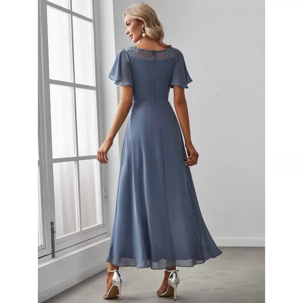 imageEverPretty Womens Ruffles Sleeve Bridesmaid Dress High Low Beaded Chiffon Midi Mother of The Bride Dresses 00465Dusty Blue