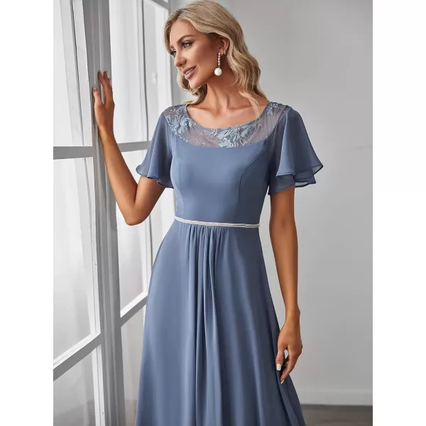 imageEverPretty Womens Ruffles Sleeve Bridesmaid Dress High Low Beaded Chiffon Midi Mother of The Bride Dresses 00465Dusty Blue