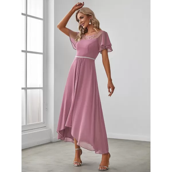 imageEverPretty Womens Ruffles Sleeve Bridesmaid Dress High Low Beaded Chiffon Midi Mother of The Bride Dresses 00465Orchid