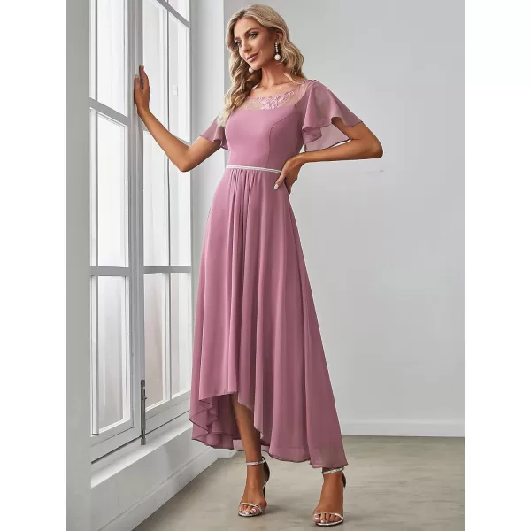 imageEverPretty Womens Ruffles Sleeve Bridesmaid Dress High Low Beaded Chiffon Midi Mother of The Bride Dresses 00465Orchid