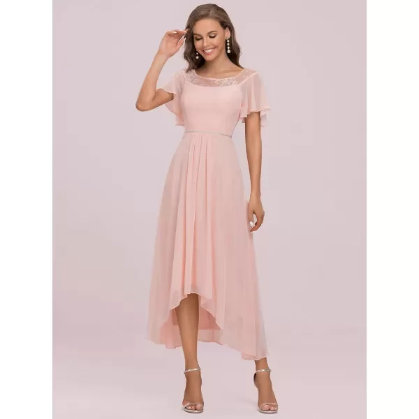 imageEverPretty Womens Ruffles Sleeve Bridesmaid Dress High Low Beaded Chiffon Midi Mother of The Bride Dresses 00465Pink