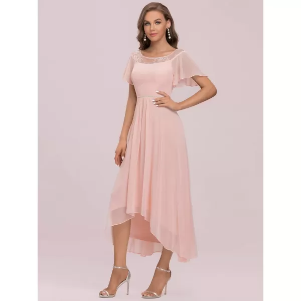 imageEverPretty Womens Ruffles Sleeve Bridesmaid Dress High Low Beaded Chiffon Midi Mother of The Bride Dresses 00465Pink