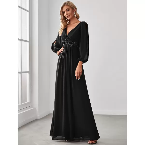 imageEverPretty Womens V Neck Long Sleeves Floor Length Ruched Chiffon Formal Dress 00461Black