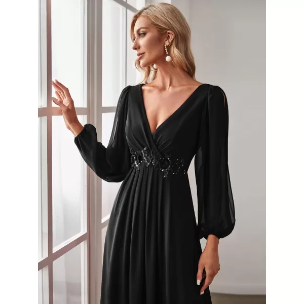 imageEverPretty Womens V Neck Long Sleeves Floor Length Ruched Chiffon Formal Dress 00461Black