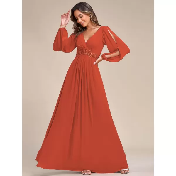 imageEverPretty Womens V Neck Long Sleeves Floor Length Ruched Chiffon Formal Dress 00461Burnt Orange